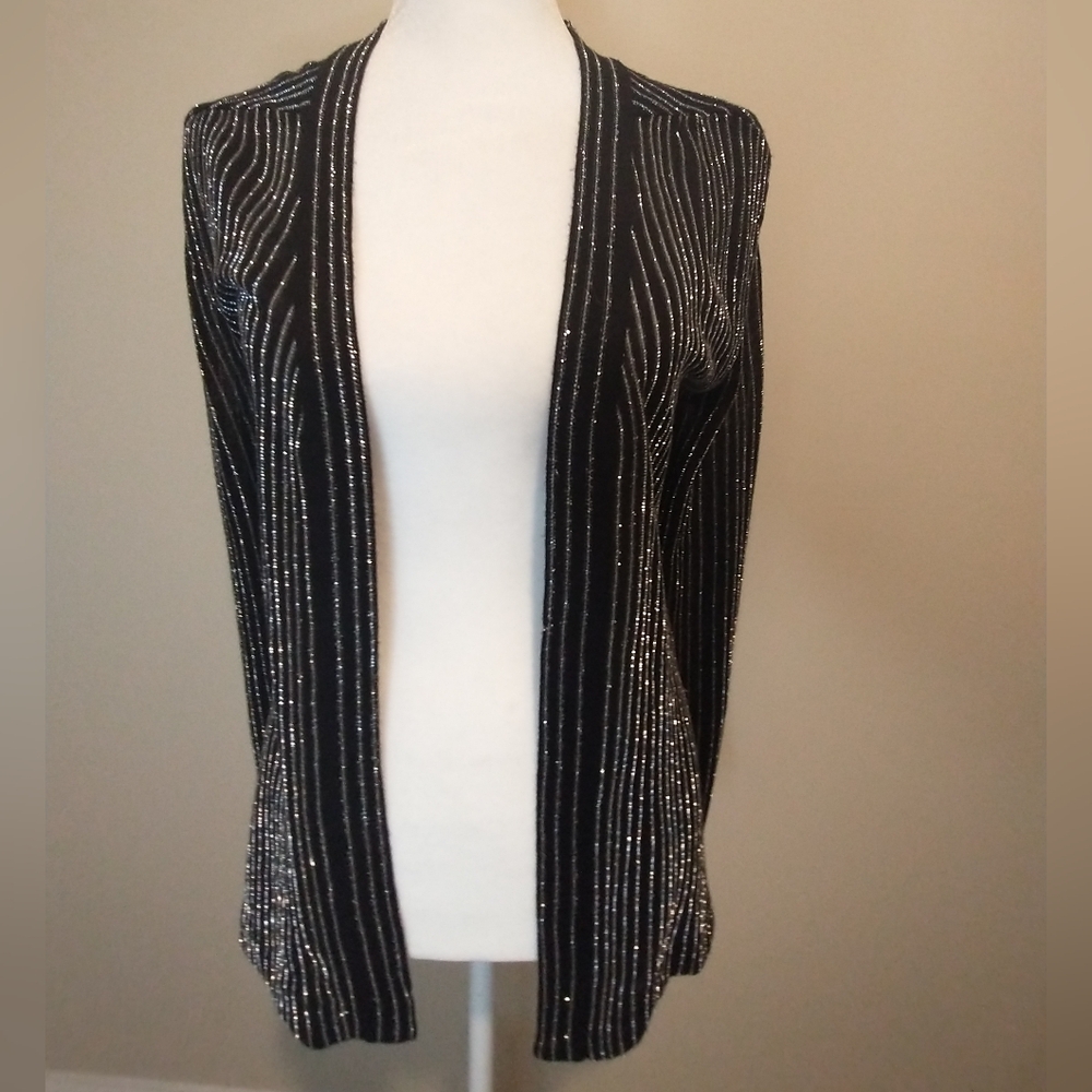 Vintage Wenjilli Black With Metallic Silver Pinstripe Cardigan